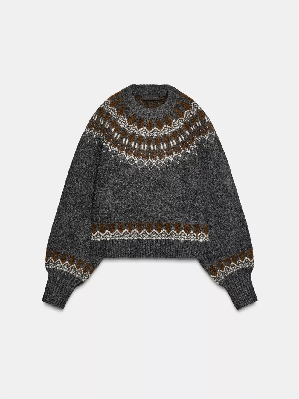 Zara Dark Gray Fair Isle Crewneck Sweater with Brown and Cream Trim